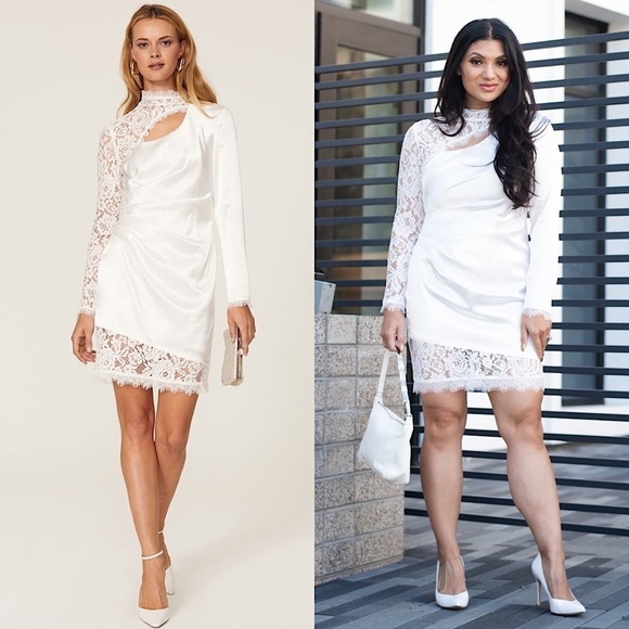AIDAN MATTOX Asymmetric Lace & Satin Ruched Long Sleeve High Neck Mini Dress 4 - Picture 1 of 13